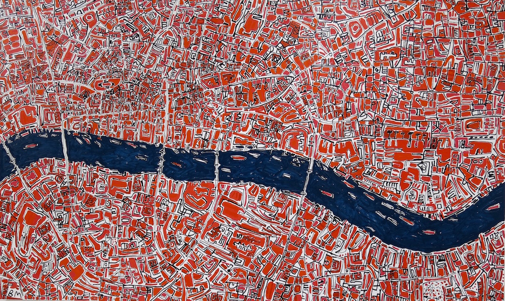 Red London ink and oil on linen 140 x 230 cm